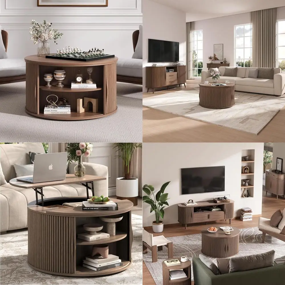 

Contemporary Walnut Coffee Table with Hidden Storage, 31.5 Diameter, Suitable for Living Room or Home Office