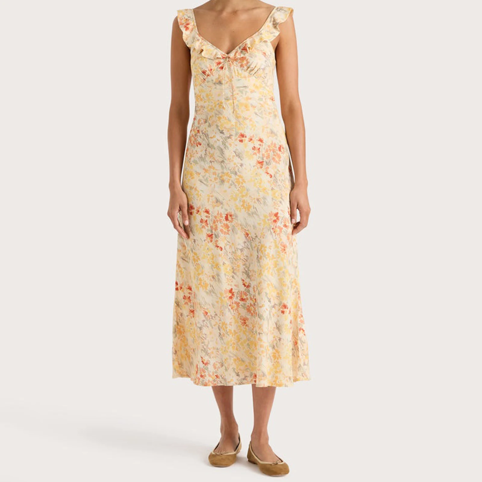 Combhasaki Abito estivo da donna senza maniche con volant e scollo a V, busto increspato legato, stampa floreale, senza schienale, smock, abito longuette a trapezio