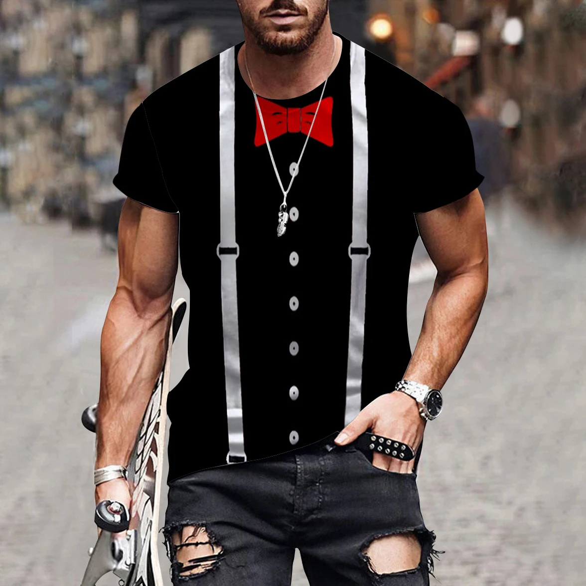 2024 T-shirt sleeve top 3D muscle tie cartoon casual street men\'s T-shirt plus size T-shirt men\'s retro clothing