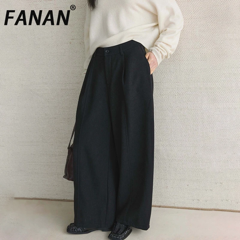 

FANAN офисные женские прямые широкие брюки с высокой талией для женщин, однотонные брюки в корейском стиле в стиле минимализм, женские зимние новые брюки