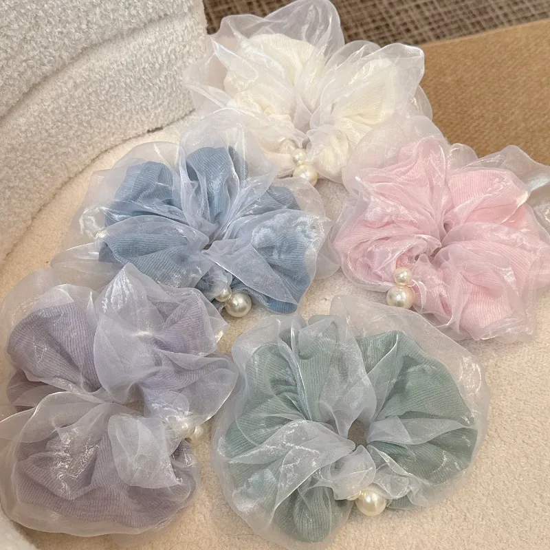 Korean style Elegant Pearl Organza Scrunchies - Soft Mesh Hair Ties, Cute Elastic Hair Bands for Women Girls Hair Accessories