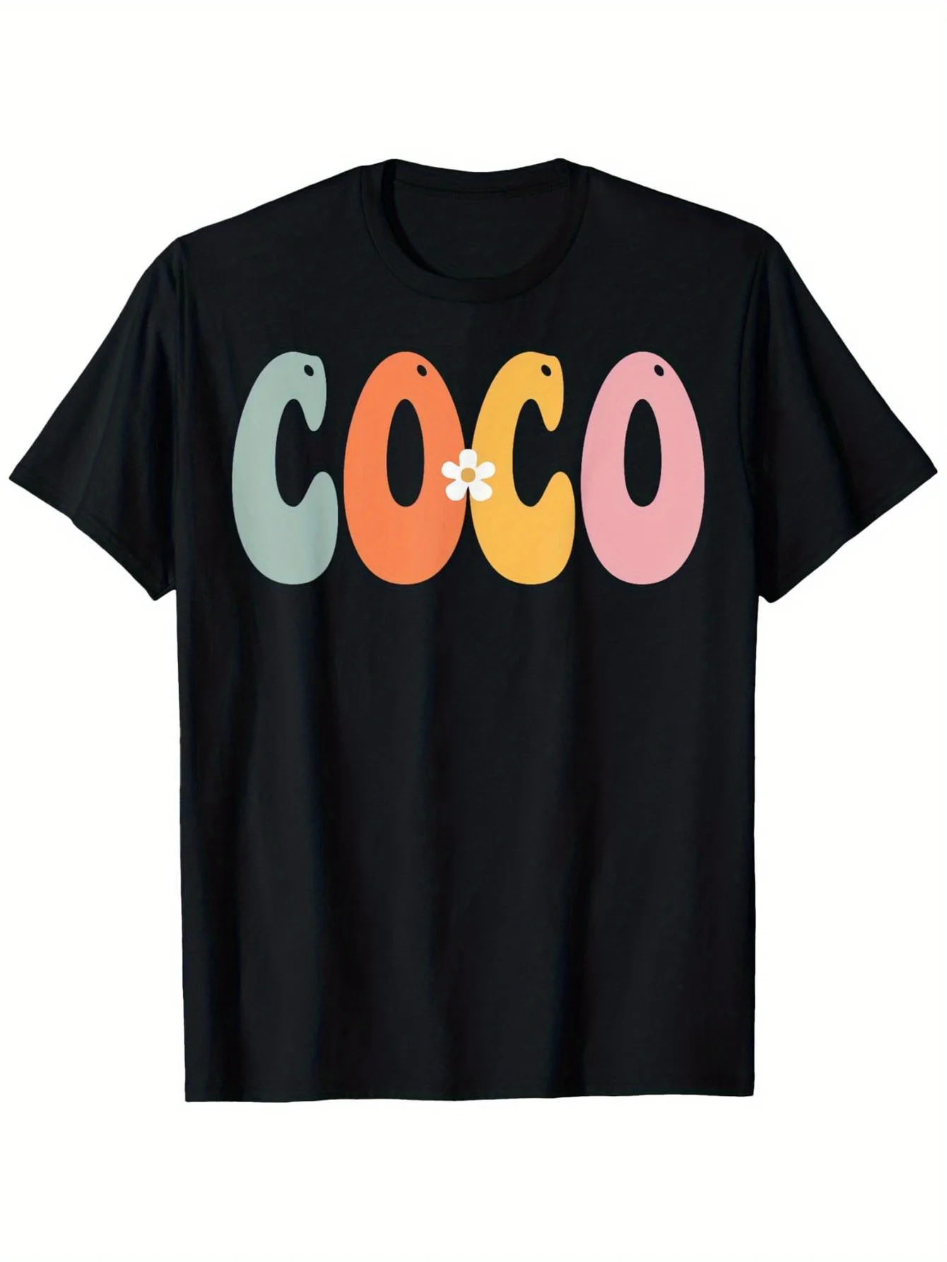 

1 шт. Мужская футболка COCO в стиле ретро с крутым принтом — забавный подарок на День матери, черный повседневный короткий рукав с игривыми красочными надписями, ма