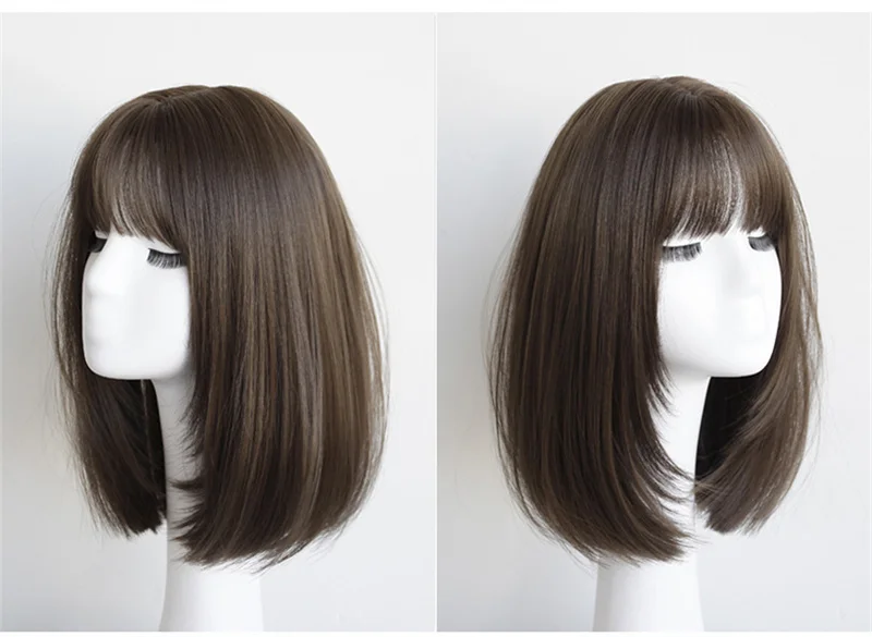 韓国スタイルのヘアエクステンション合成ファッション若い女性のかつら通気性ヘッドカバーミディアムレングスストレートウィッグ帽子女性のための