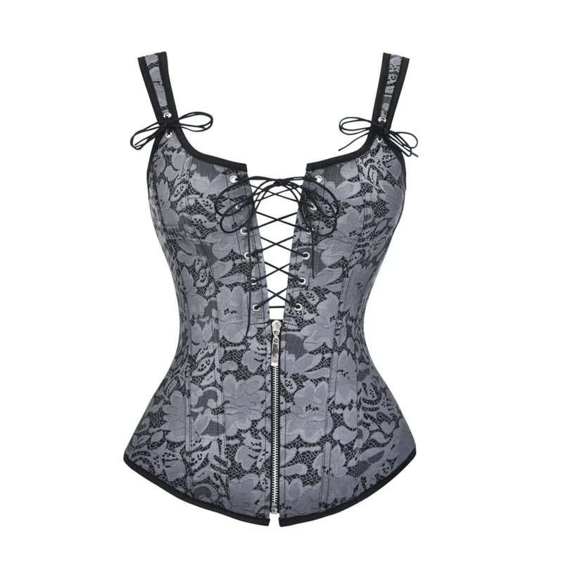 Sexy Floral Jacquard Plastic Boned Wide Straps Lace Up Bustier Vest Corset Outerwear Corsets