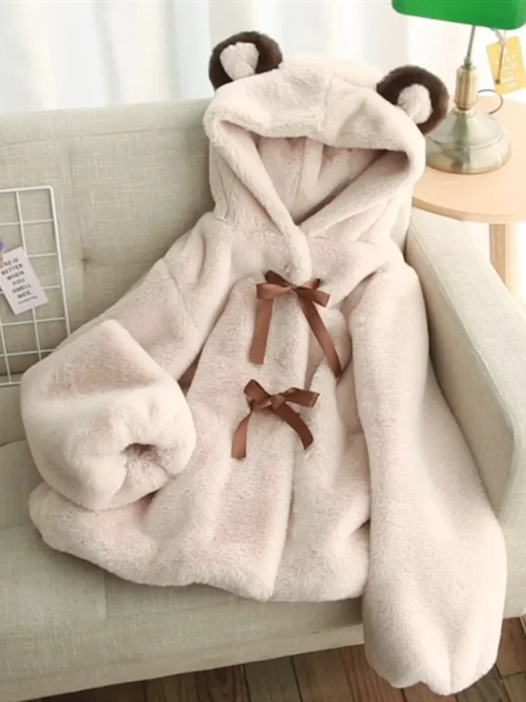 Soft Girl Plush Coat Female 2023 Autumn And Winter Student Cute Thickening Faux Fur Rabbit Fur Cartoon Ear Cotton-Padded Jackets