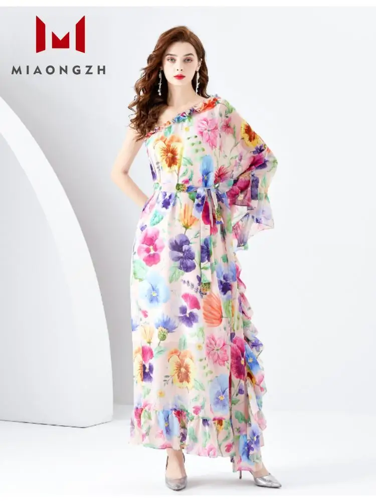 

2024 New Summer Loose Printing Chiffon Dresses For Women Diagonal Collar One Shoulder Elegant Fashion Patch Holiday Beach Dress