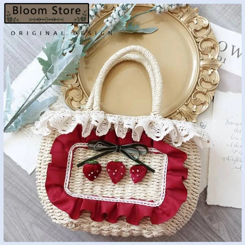

Lolita Strawberry Red Cute Woven Women 2025 Haruku Sweet Lace Chic Hand Female Vintage Straw Bag Handbag Сумка Женская
