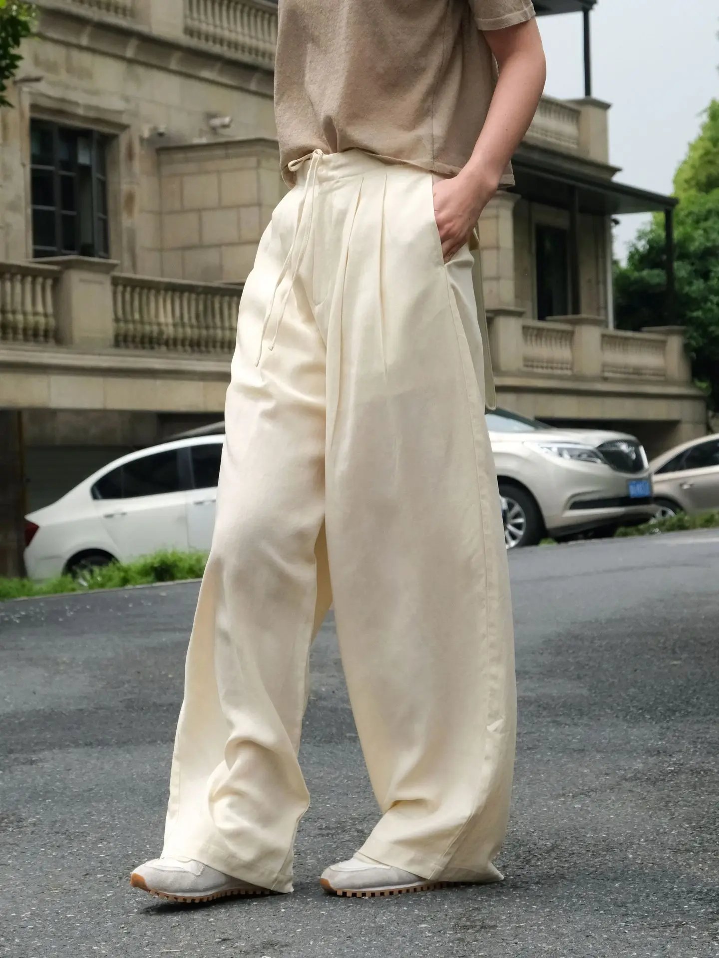 Spring and summer women\'s casual solid color high waisted loose wide leg pants