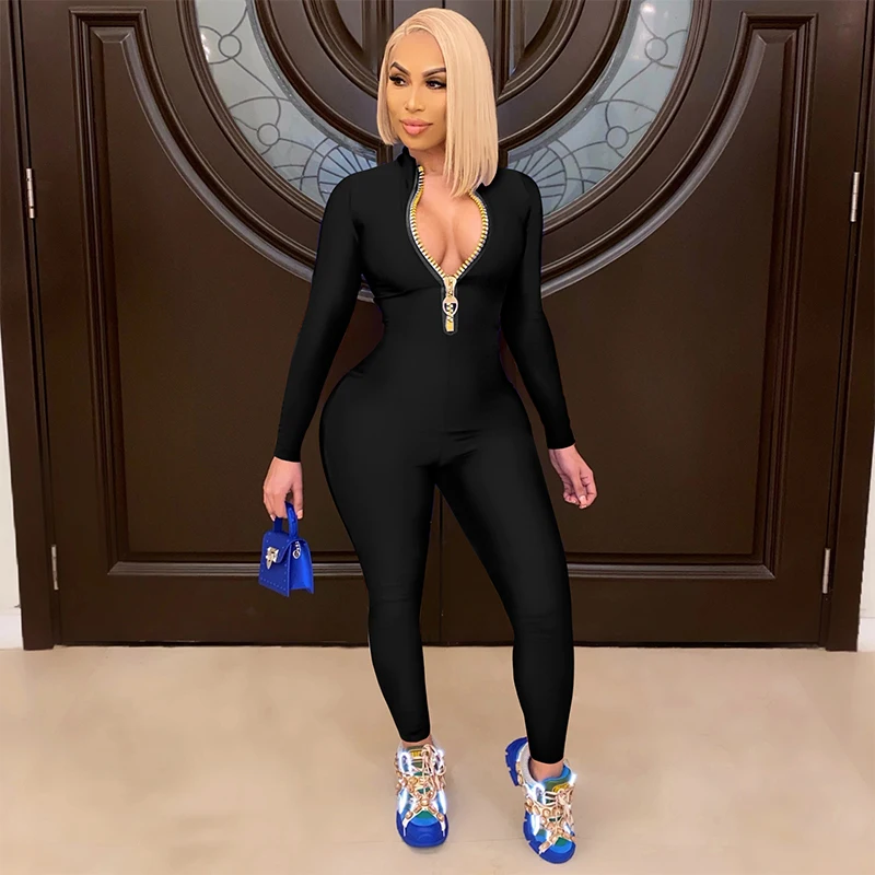 Casual Sporty Workout Zipper Jumpsuit For Women Long Sleeve Skinny Activity Wear Overalls Tops Bodycon One-piece Jumpsuit