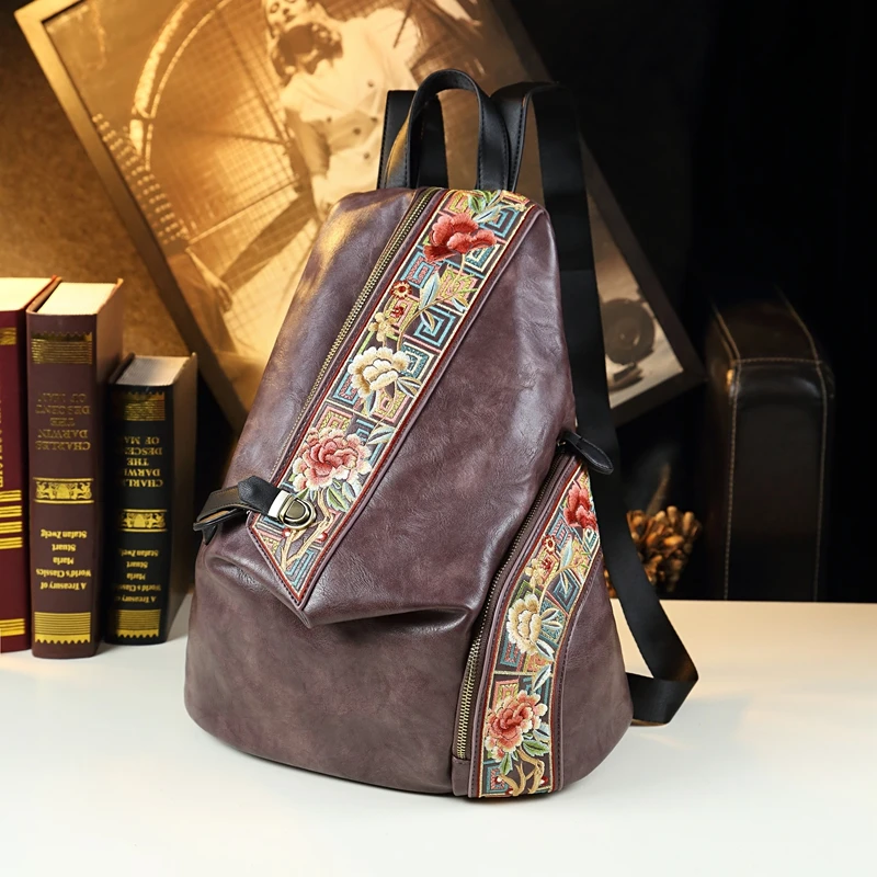 Retro Genuine Leathe Women Backpack Embroidered Design Ladies Bag Travel Backpacks Mother Anti-Theft Backpack Fashion Trend