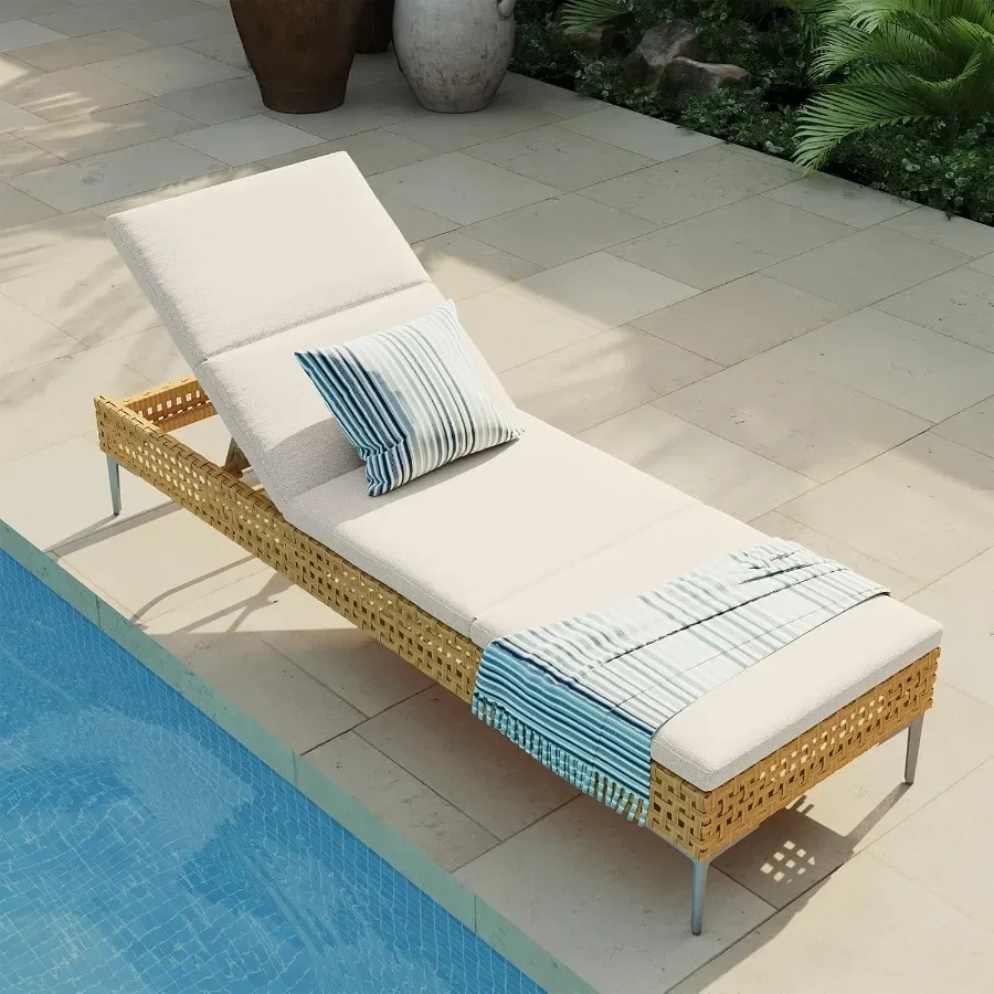 Wicker Outdoor Chaise Lounge, 3 Adjustable Positions, Cream