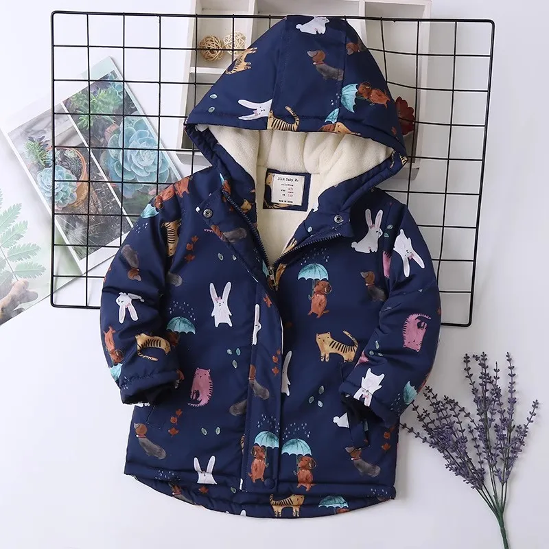 Girls Parkas 2024 New Elegant Cartoon Print Kids Winter Coat Hooded Cotton-padded Boys Jackets Child Plus Velvet Outerwear