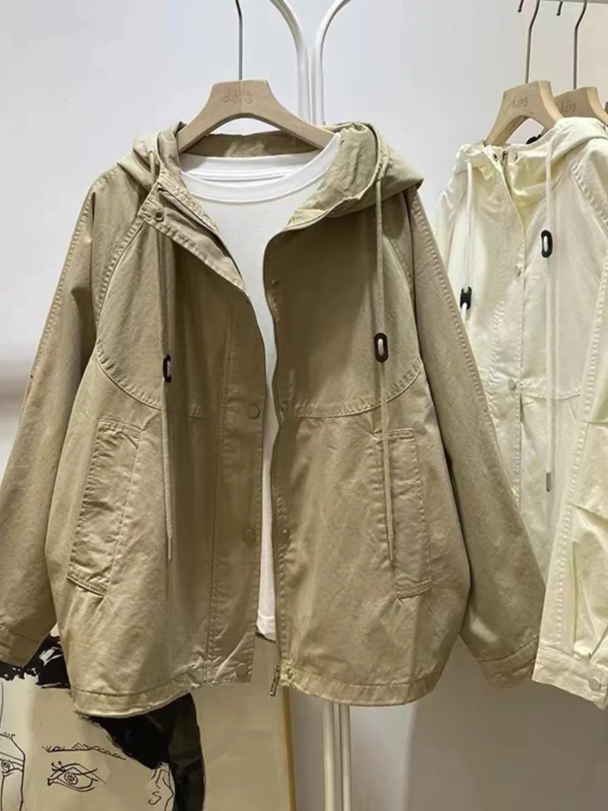 Spring Autumn Women's Jacket 2026 New Simple Lazy Style Design Unique Hood Long Sleeve Coat High End Loose Fit Hat Included