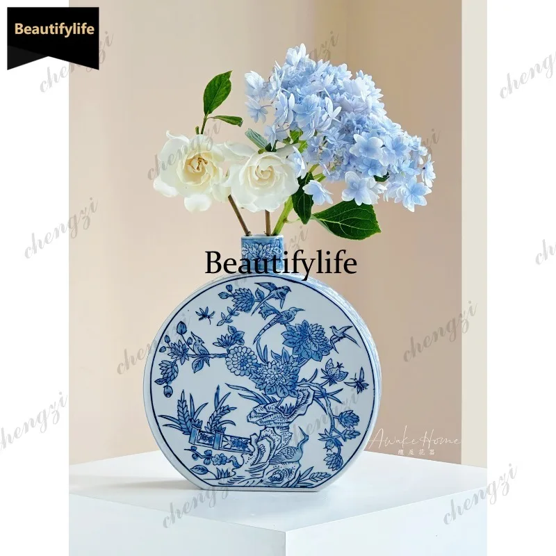 D80 New Chinese retro hand-painted blue and white porcelain ceramic vase Song-style aesthetic flower ware porch ornament