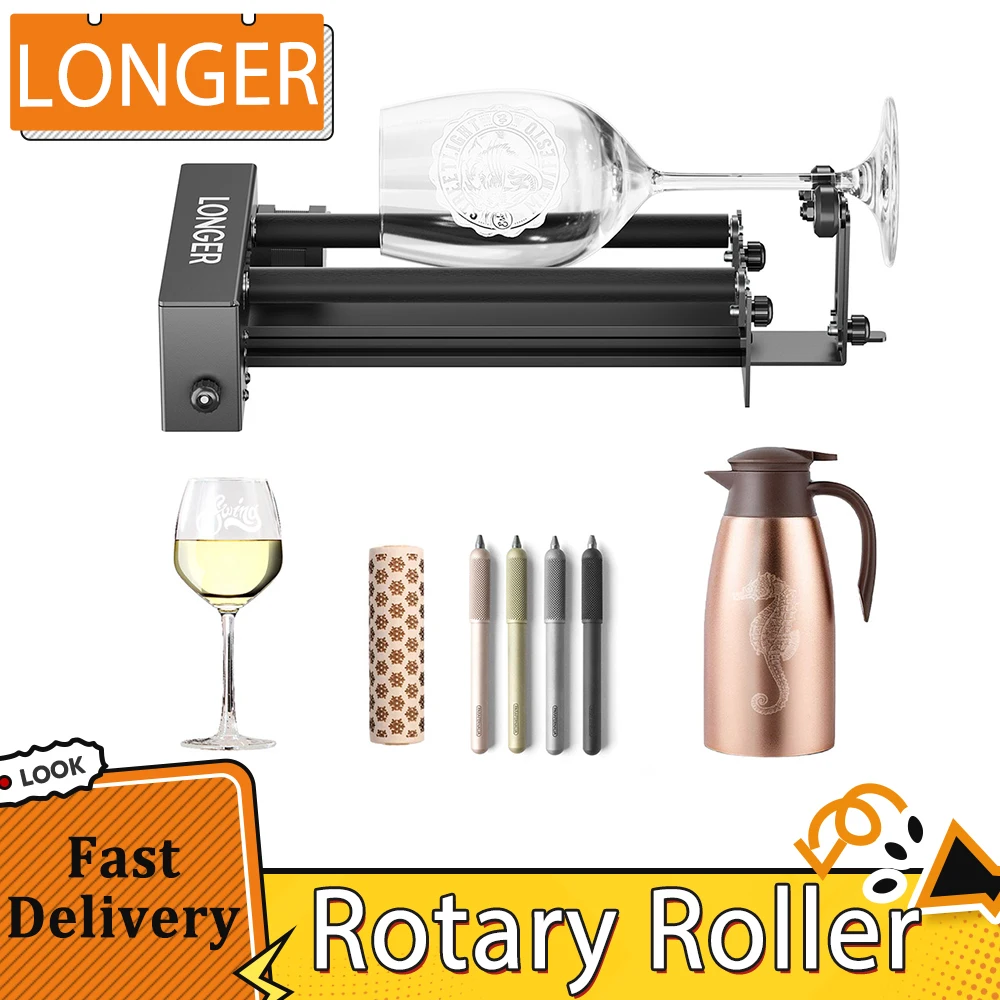 LONGER Laser Engraver Y-axis Rotary Roller with Bracket, 360° Rotation, Adjustable 6-300mm Diameters