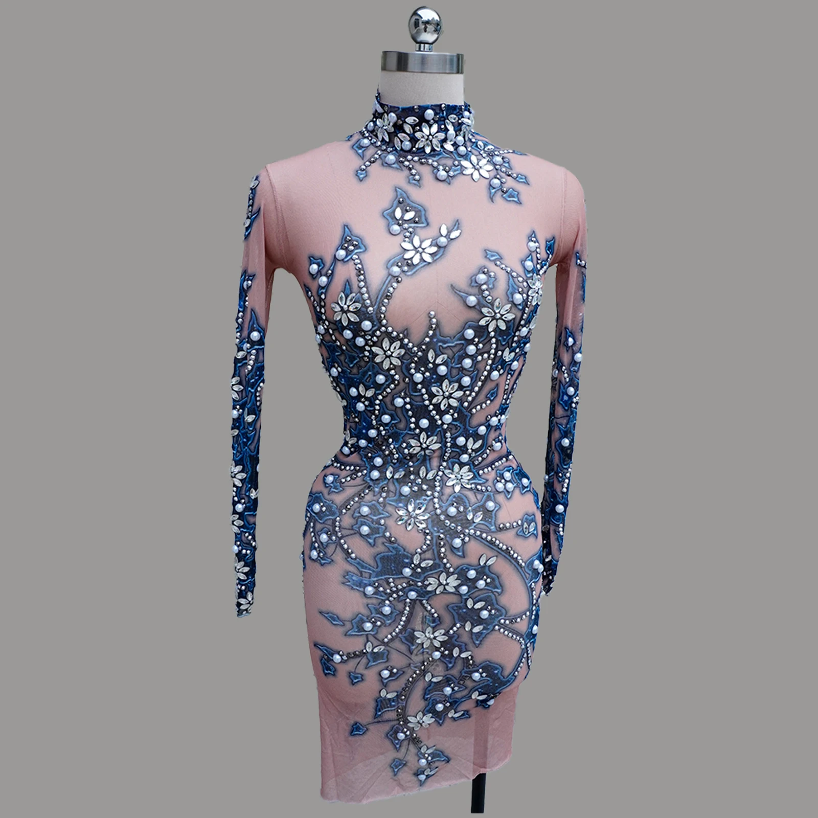 Vestido de manga larga con diamantes de imitación de cristal para mujer, trajes sexys de malla para cantante, trajes de escenario para fiesta de noche, festival de cumpleaños, disfraces de drag queen