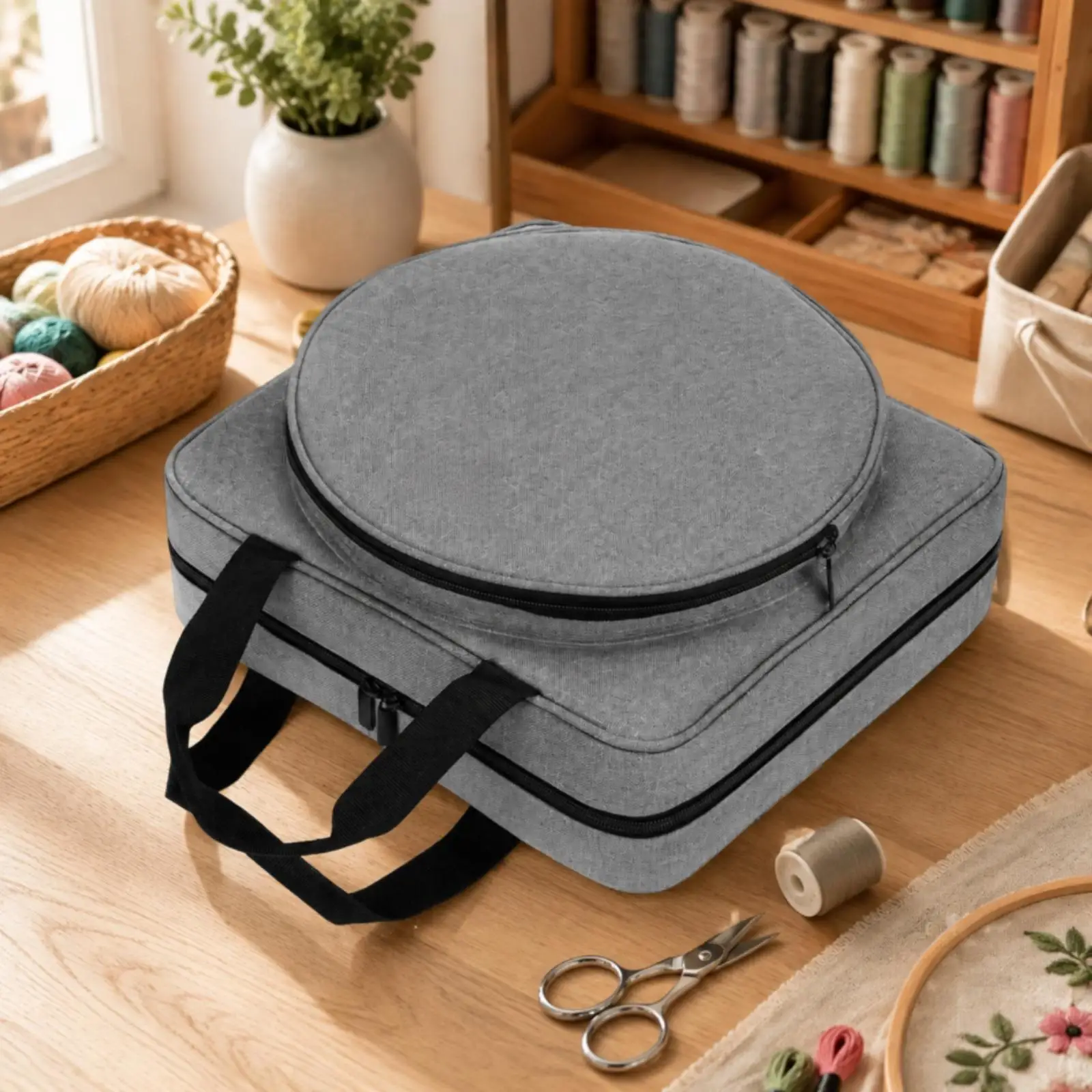 Sewing Supply Organizer Pouch Embroidery Storage Bag with Round Zippered Section for Hoops and Multiple Pockets for Tools