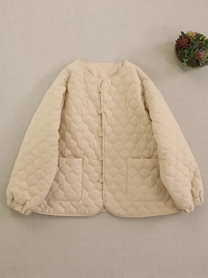 레트로 일본 스타일 여성용 짧은 면 재킷 푹신한 루즈핏 면 조끼 달콤한 숲 시스템 두꺼운 긴 소매 라운드 넥