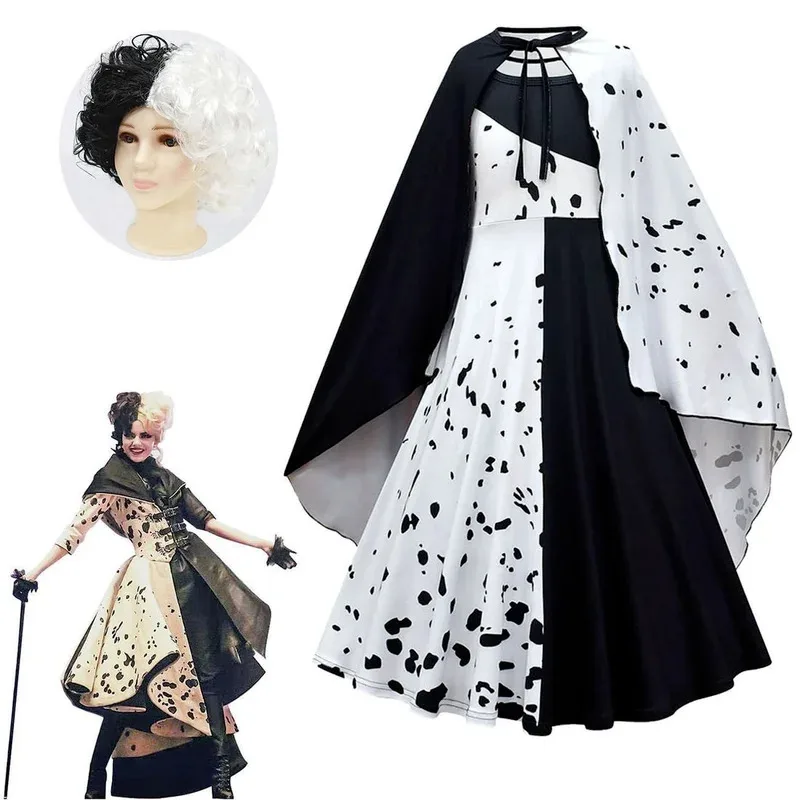 

2025 New 101 Loyal Dog Black and White Witch Cruella De Vil Dress up Costumes Kids Cosplay Halloween Costume Girls Party Dre ☆ ☆