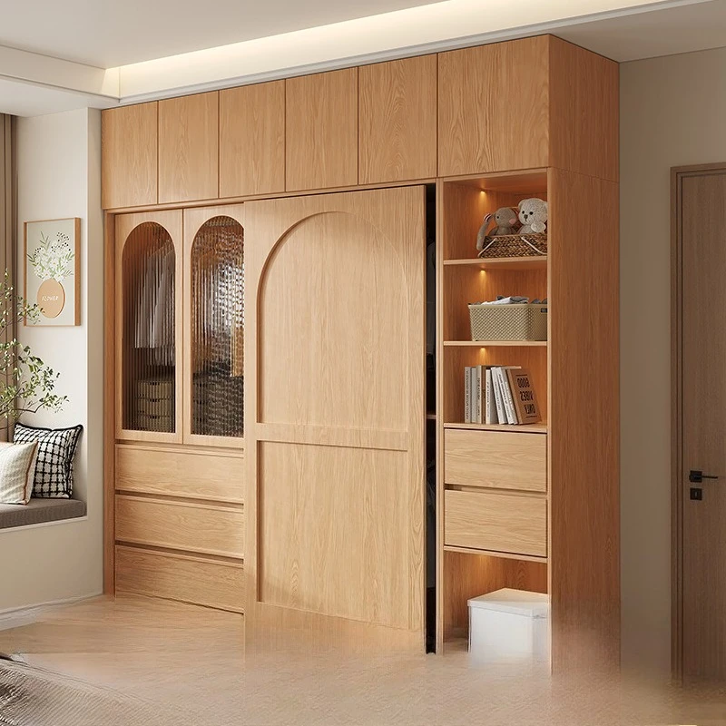 Solid wood oak sliding door wardrobe household bedroom finished cabinet eco-friendly wardrobe