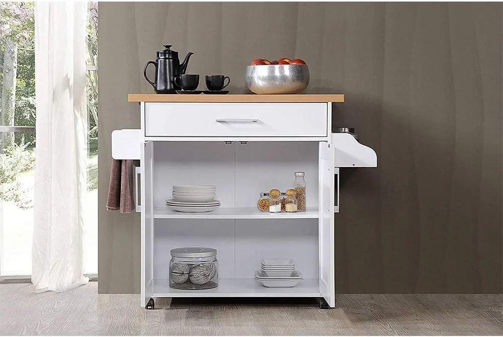 Hodedah Kitchen Island com Spice Rack, Toalheiros e gaveta, Branco com Faia Top, 15,5x35,5x39,9x35,2 polegadas