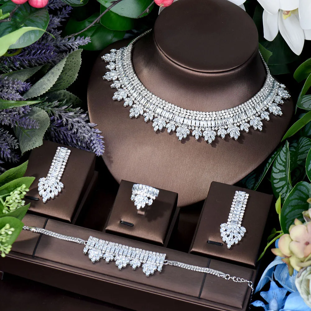 

HIBRIDE 4PCS Big Luxury Laaf Flower Design Nigerian Jewelry Set For Women Bridal Wedding Jewelry Sets conjuntos de mujer N-210