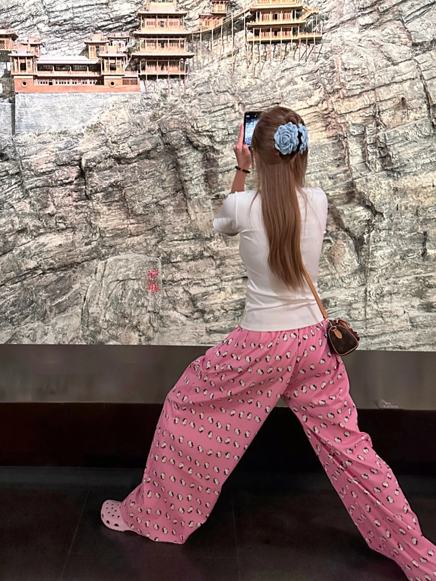 Pantalon à jambes larges pour femmes, rose, dessin animé, soie glacée, marche décontractée, KT, petite taille, taille haute, jambes droites, été