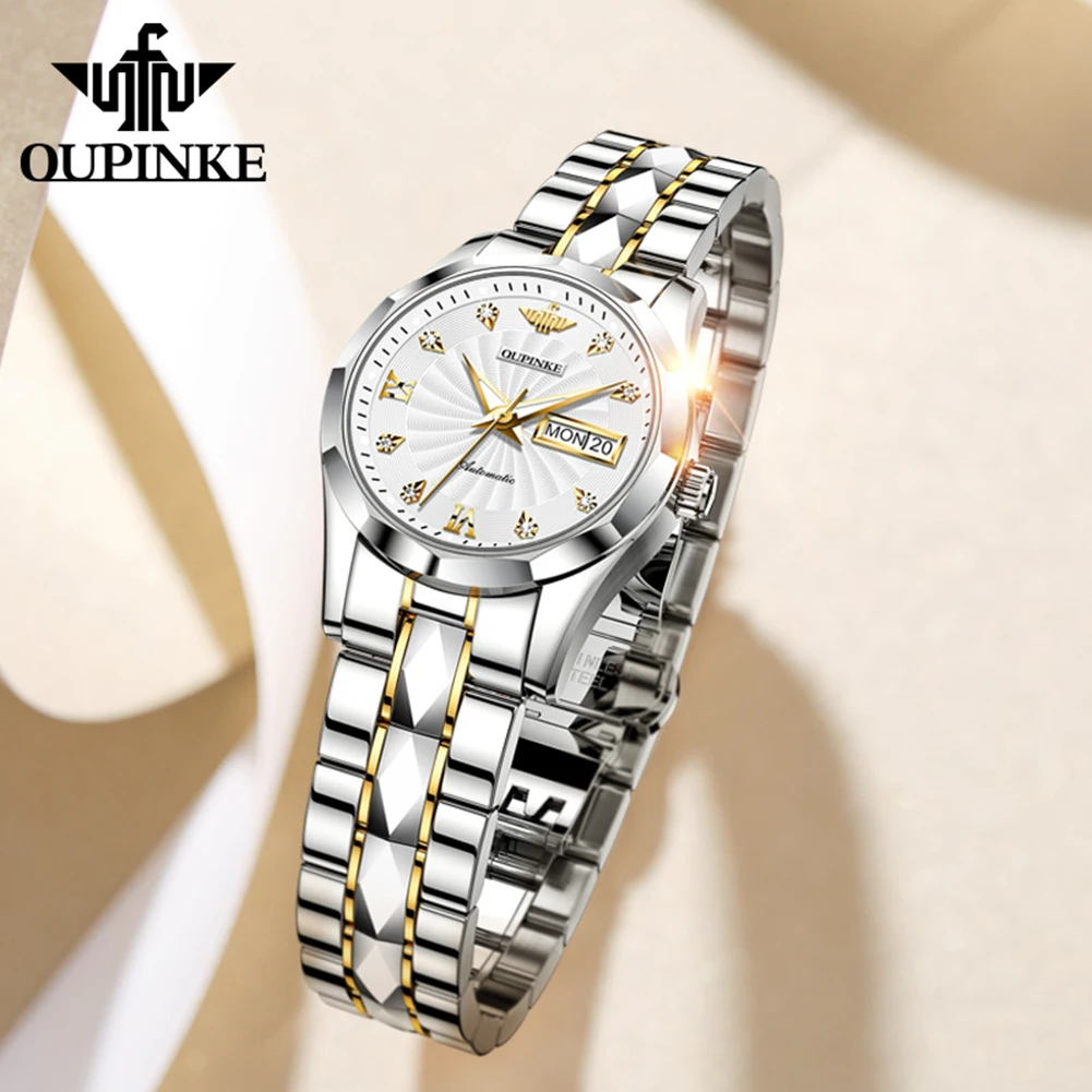 OUPINKE 3169 Womens Watch Luxury Elegant Tungsten Steel Automatic Mechanical Watch Waterproof Luminous Ladies Day Date Watch