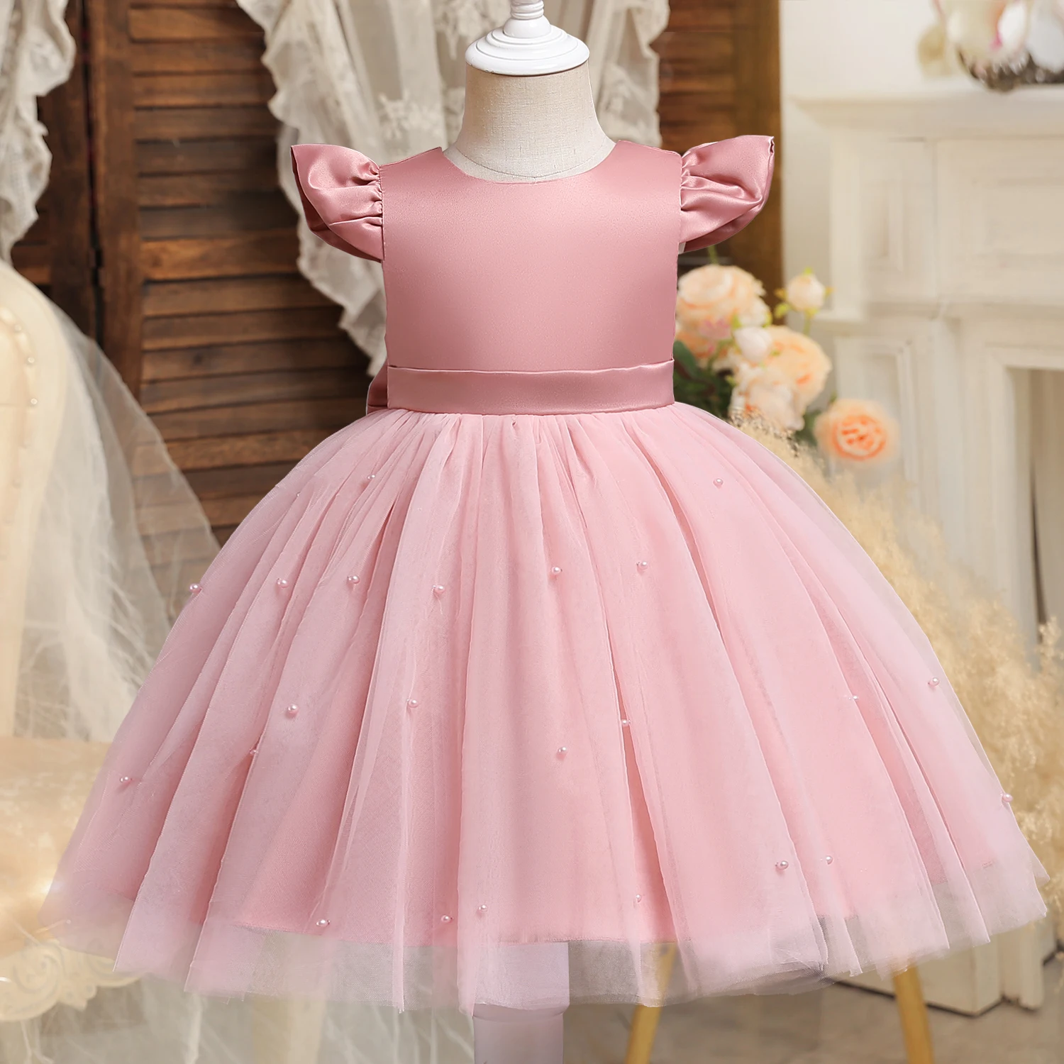 Elegant Princess Dress for Baby Girls 1st Birthday Weddings Tutu Gown Backless Bow Beading Tulle Pink Dress Toddler Kids Clothes