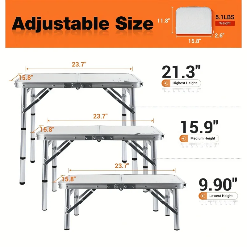 Adventure-Ready Aluminum folding table：Height Adjustable，Portable，Suitable for Indoor and Outdoor Use