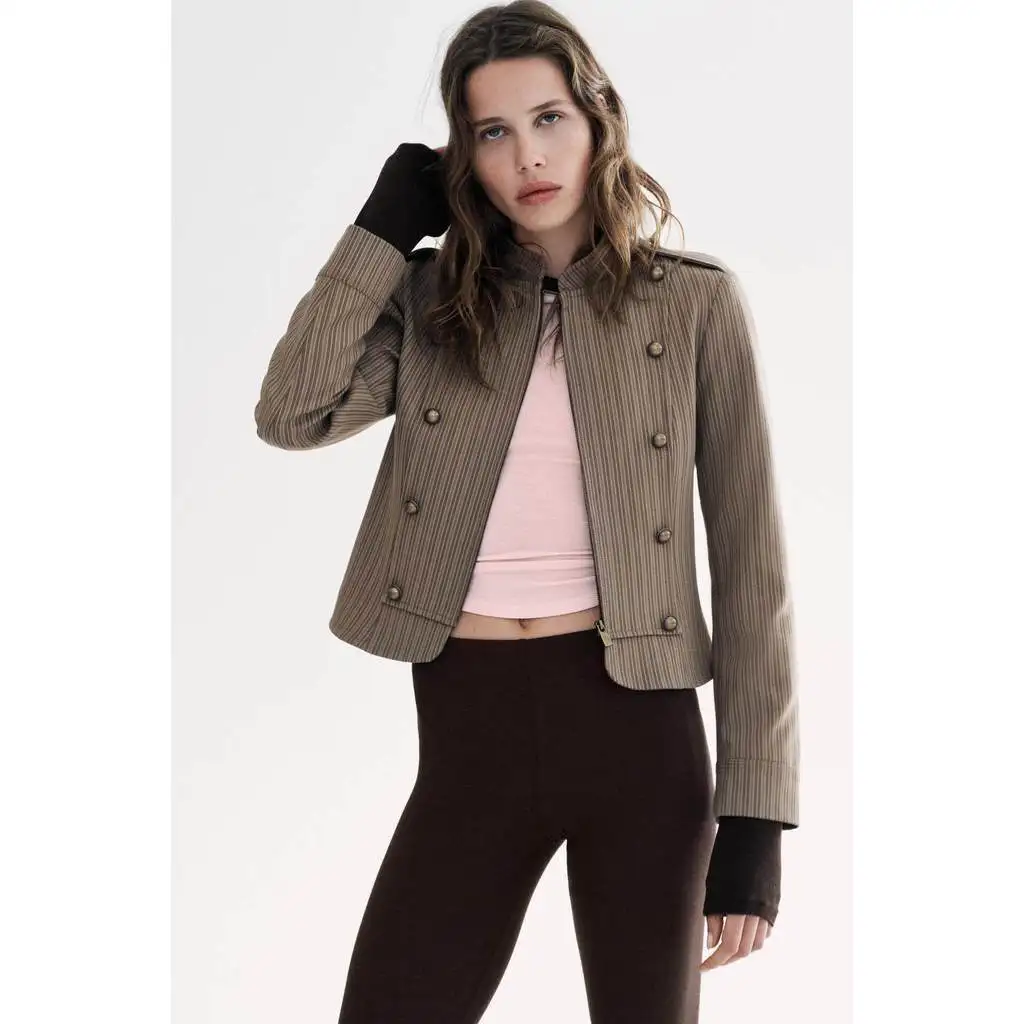 

Long Sleeve Round Neck Blazer Button Detail Zipper Front Cropped Slim Fit Vintage Street Jacket Spring Autumn