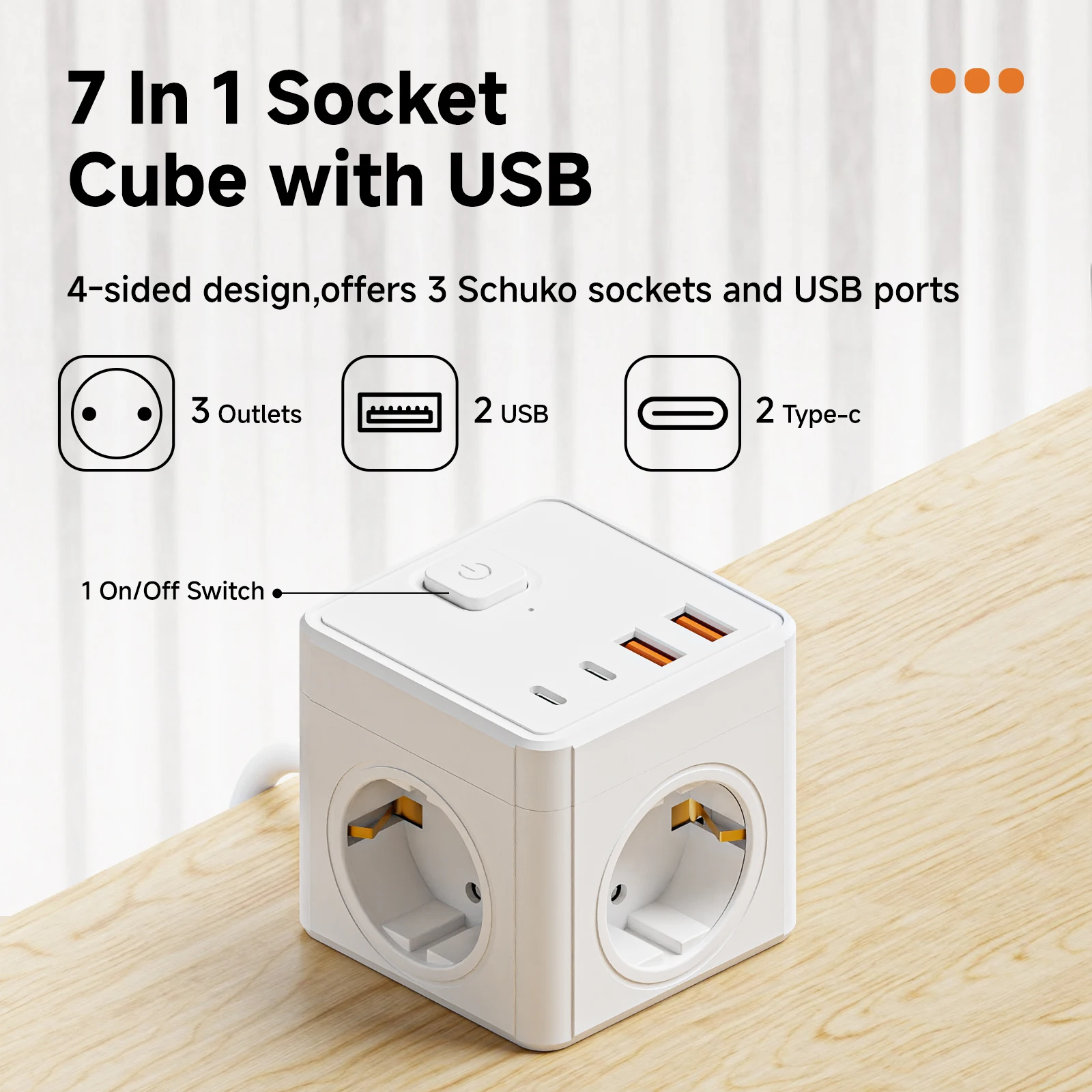 7-in-1 EU power board, 3 AC sockets & 2 USBs & 2 Type-Cs & with 1.5-meter extension cable, 1 switch, suitable for home, office