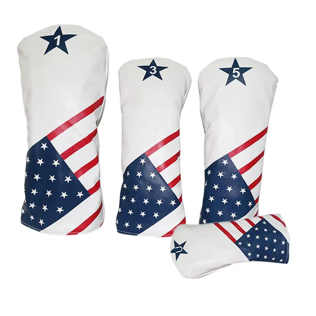 Protective Golf Wood Driver Headcover PU Leather Waterproof Hybrid Club Cover Set for No 1 3 5 UT USA Flag