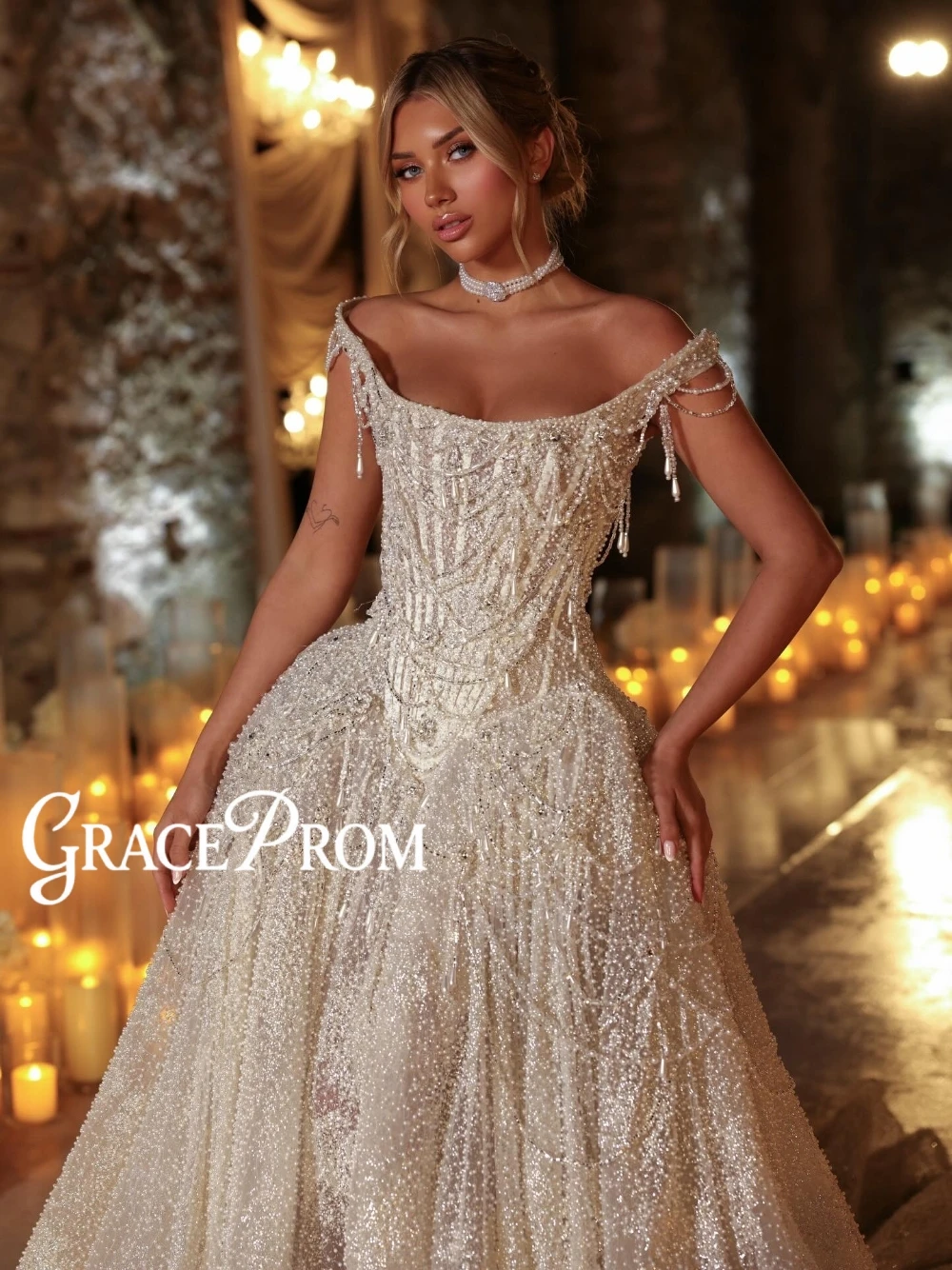 

New Arrival Dreamy Luxury Princess Wedding Gown Off-the-Shoulder Beaded Ball Gown Dazzling Customzied Corset Bride Wear