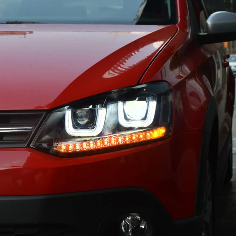 

Обновленная автомобильная фара с двойным U-образным стилем в сборе для Volkswagen POLO 2011-2018, автомобильный светодиодный объектив проектора, аксессуары Plug and Play