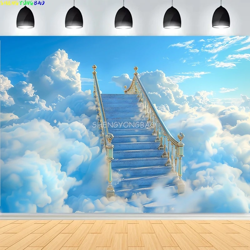 

Vivid Rainbow Blue Sky White Clouds Photography Backdrops Abstract Peaceful Dove Stairway Heaven Path Photo Background KY-04