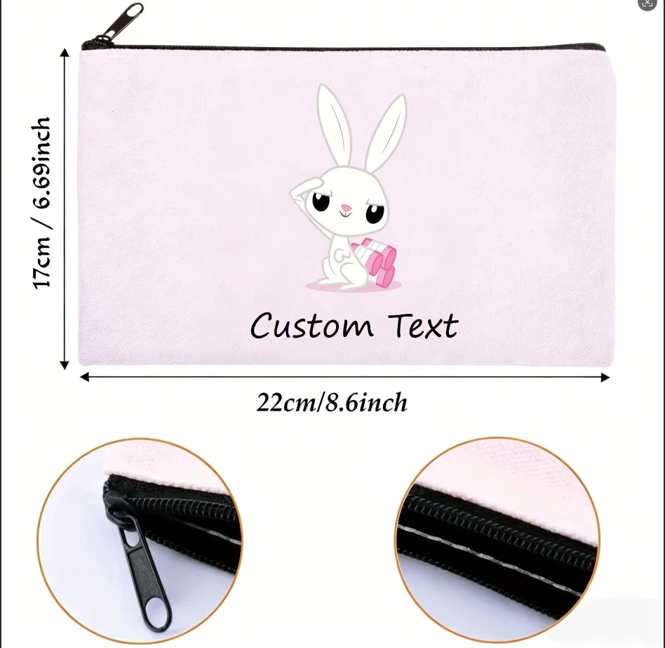 1PC Custom Text Cute Salute White Rabbit Cosmetic Bag Personalized Canvas Zipper Makeup Pouch