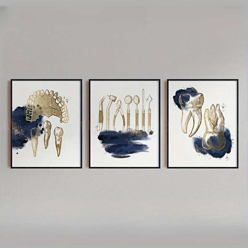 Room Decor 3pcs Dental Clinic Art Prints, Navy Blue Orthodontics & Anatomy Canvas Posters, Polyester Fiber, Non-Textile Medic