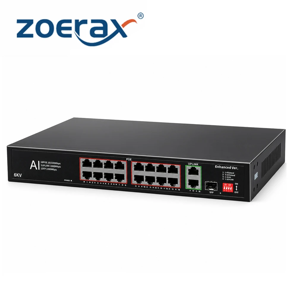 ZoeRax 16-Port POE Network Switch 2 Uplink RJ45 1 SFP Port Ｇigabit 250m Long-Range Vlan AI 6KV Lightning Protection