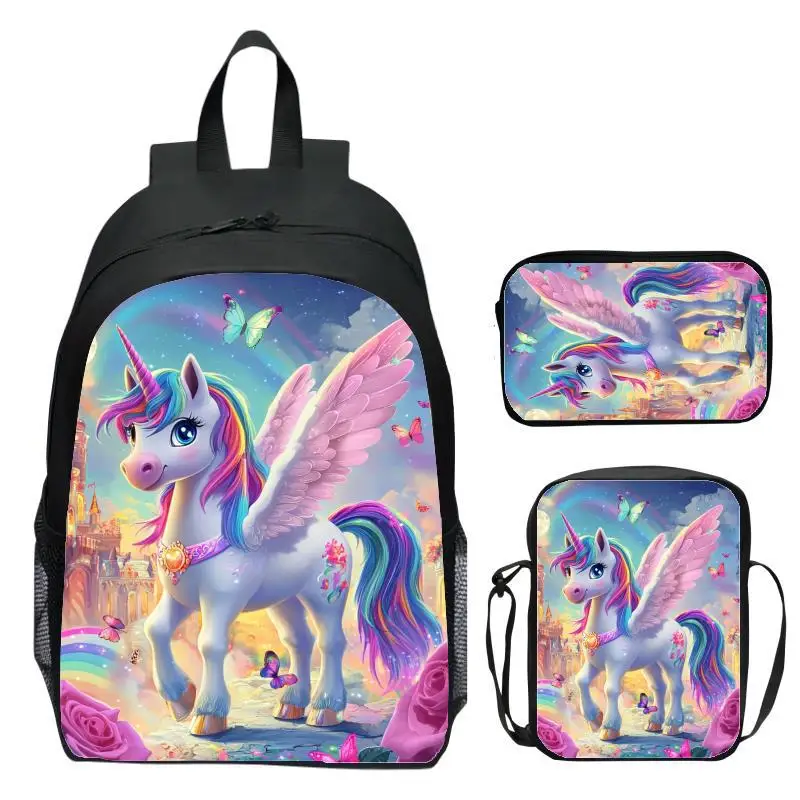 Unicorn Unicorn Three Piece Set for Primary, Secondary, and High School Students, Children's Backpack, Shoulder Bag, Pen Bag