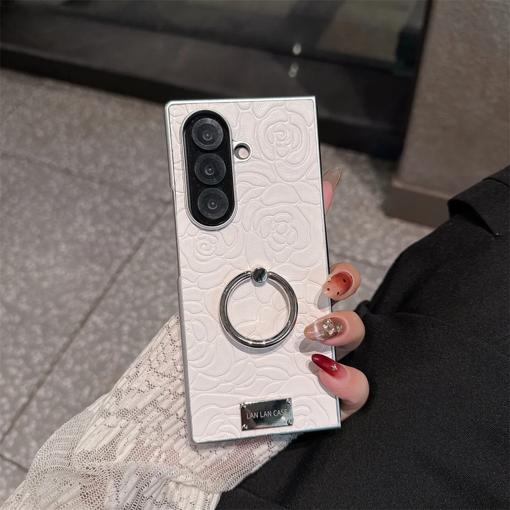 حافظة هاتف فاخرة من الجلد باللون الأبيض والوردي لهاتف سامسونج جالاكسي Z Fold7 fold3 4 Fold6 fold5 مع حافظة حلقية مقاومة للصدمات Funda #1