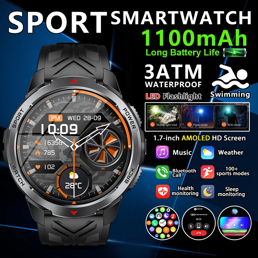 

2025New Military Outdoor Smart Watch Men 1.7inch Large Display 1100mAh Compass Sports Watch Waterproof Bluetooth Call Smartwatch
