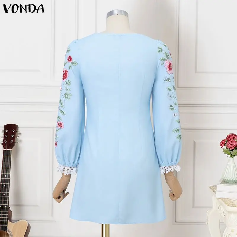 VONDA 보헤미안 꽃 프린트 드레스 여성 긴 퍼프 슬리브 레이스 패치 워크 미니 베스 티드 섹시한 v 넥 패션 streetwear sundress