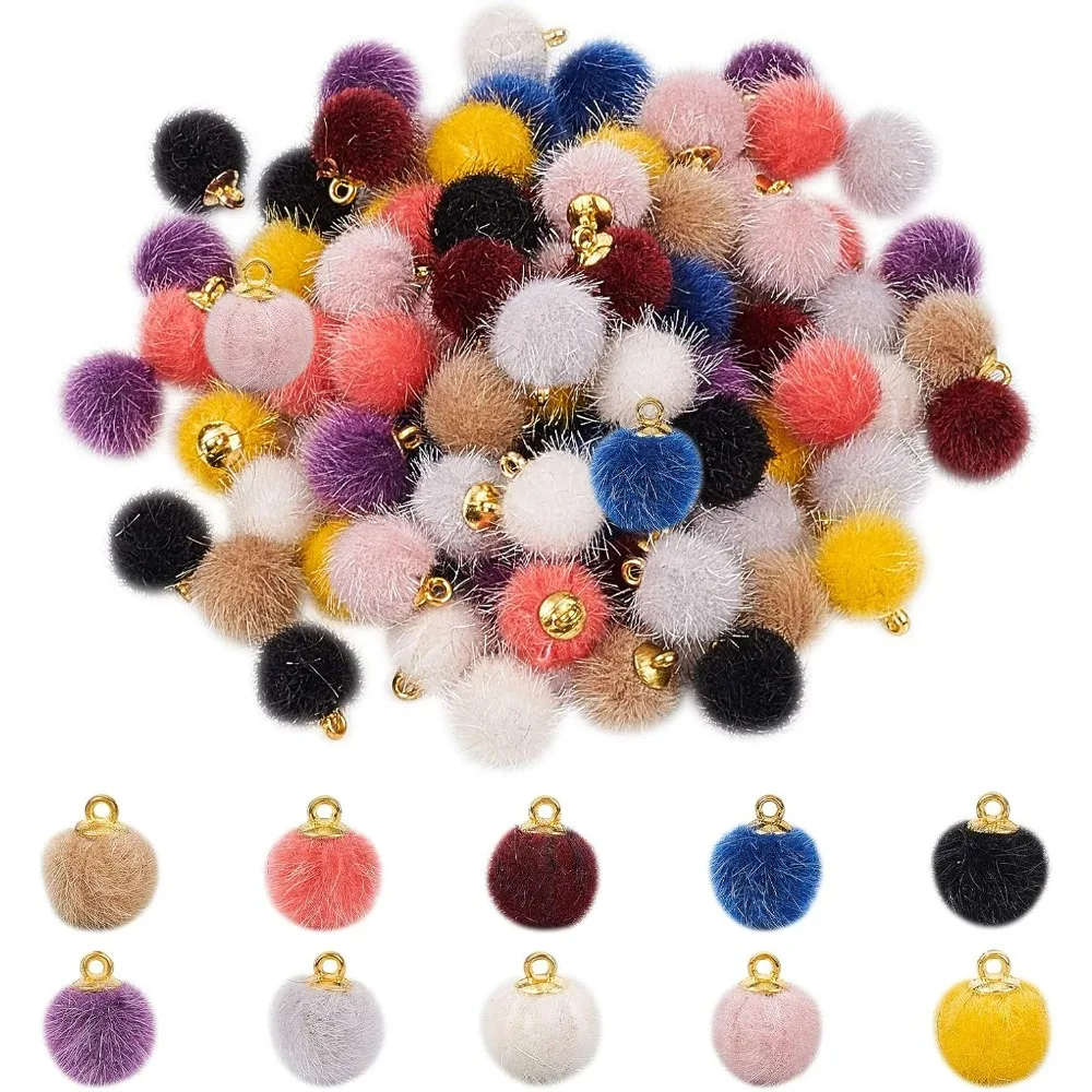 10 colores pendientes de pompones dijes 100 Uds tela piel pompones metálicos pendientes dijes coloridos DIY bola esponjosa para borla