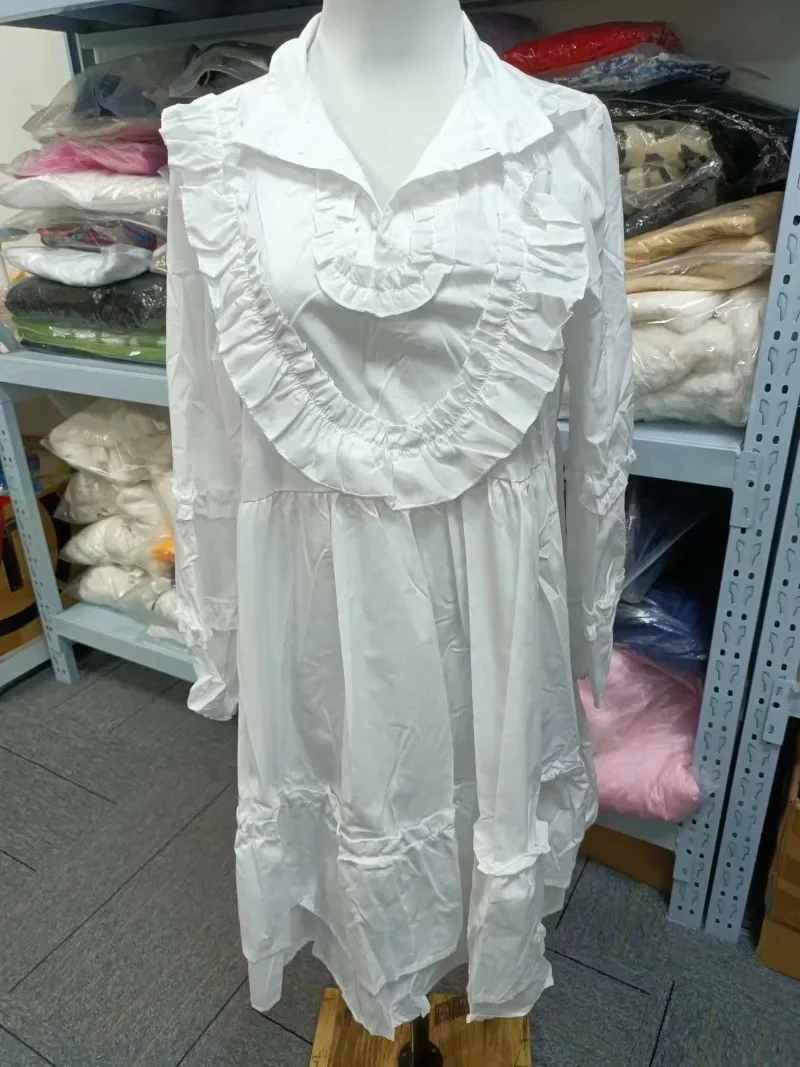 Vestido blanco elegante con volantes y cuello alto, traje Sexy de manga larga, holgado, a la moda, 2023