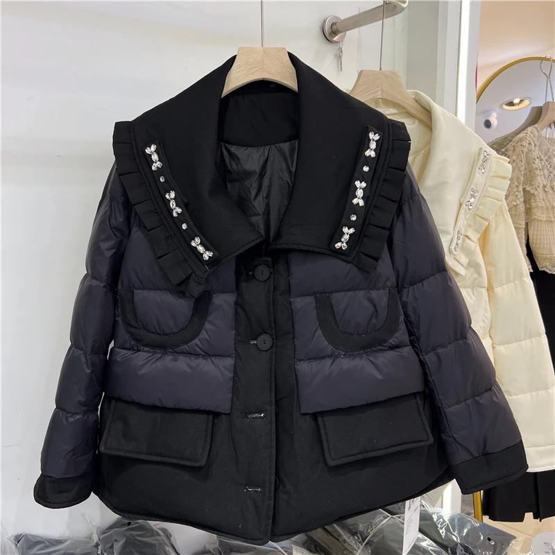 Korean Winter Women Short Down Jacket Crystal Ruffels Lapel Collar Thick Warm 90% White Duck Down Coat Ladies Casual Outerwear