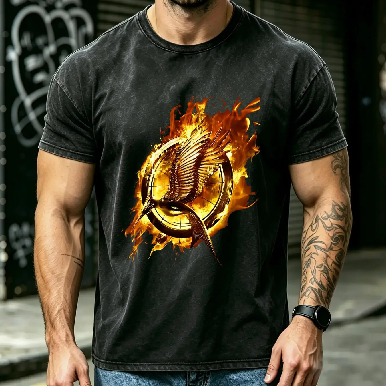washed T Shirt The Hunger Games Catching Fire Golden Flaming Bird Medium Black vintage Washed Versatile homme Stretched Casual