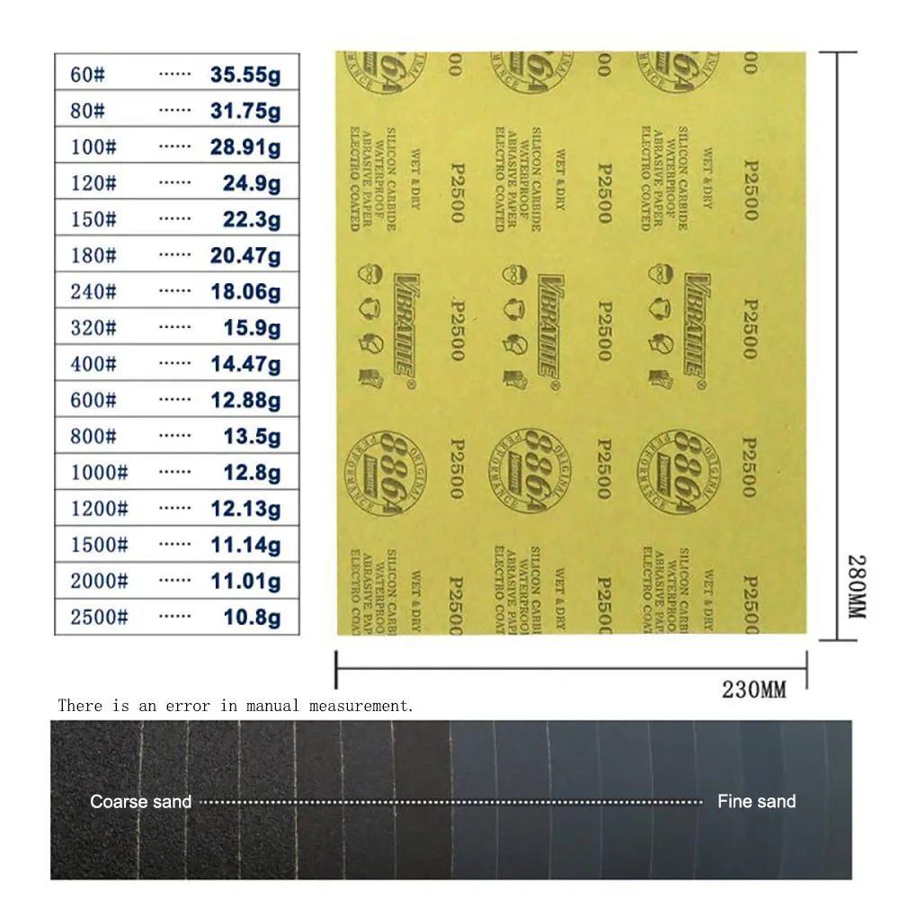 Vibraltite 886A 230x280mm Wet Dry Square carta vetrata lacca per vetri per auto lucidatura a mano foglio abrasivo impermeabile 60-2500 grana