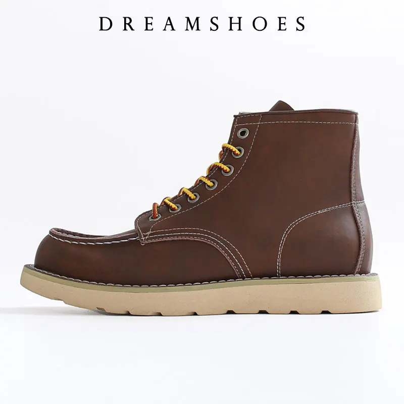 Genuine Leather Ankle Boots Crazy Horse Leather Round Toe Durable High-Top Lace-Up Boots for Fall Winter Work Shoes