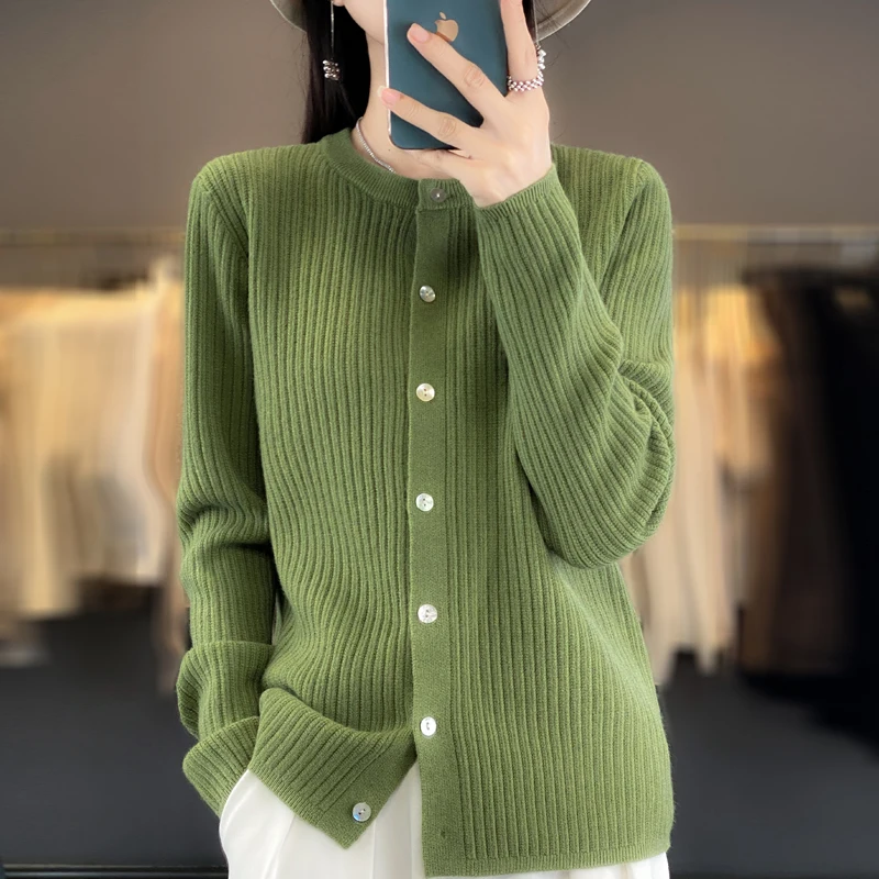 Women Pure Wool Soft Sweater O-Neck Thickened Vertical Stripe Cardigan Autumn Winter Female Coat Basis Casual Knitting Top